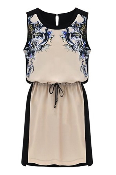 Apricot Print Drawstring Waist Sleeveless Dress