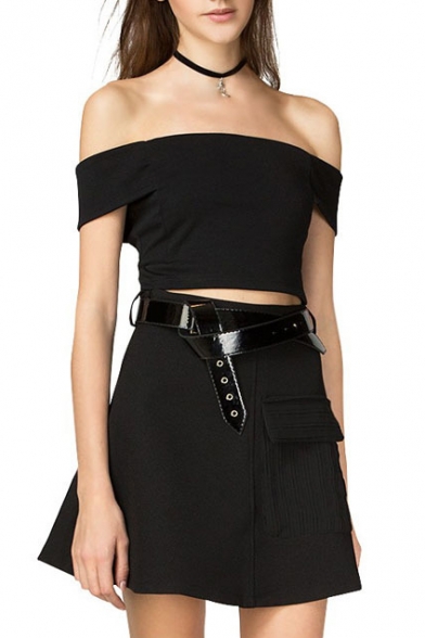 Black Off-The Shoulder Cropped Fitted T-Shirt