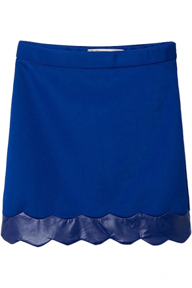 Blue Plain PU Inserted Hem Pencil Mini Skirt