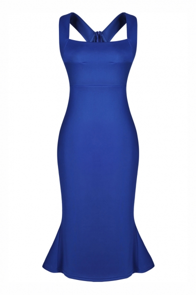 Blue Sexy Strap Midi Dress with Ruffled Hem