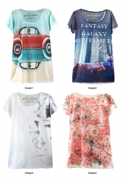 Car Letter Animal Floral Print Batwing Sleeve  Loose T-Shirt