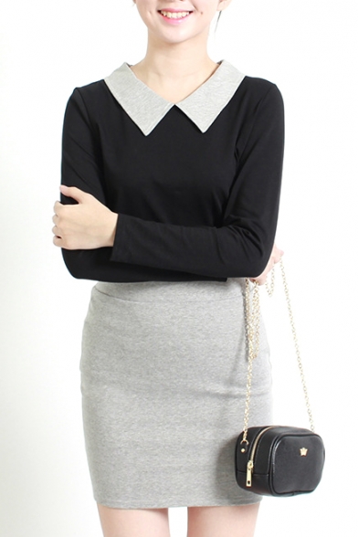 Color Block Lapel Long Sleeve Fitted Blouse