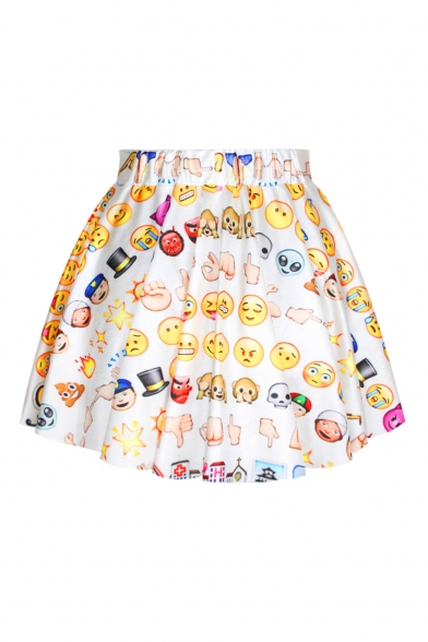 Cute White Emoji Print Elastic Waist Skirt