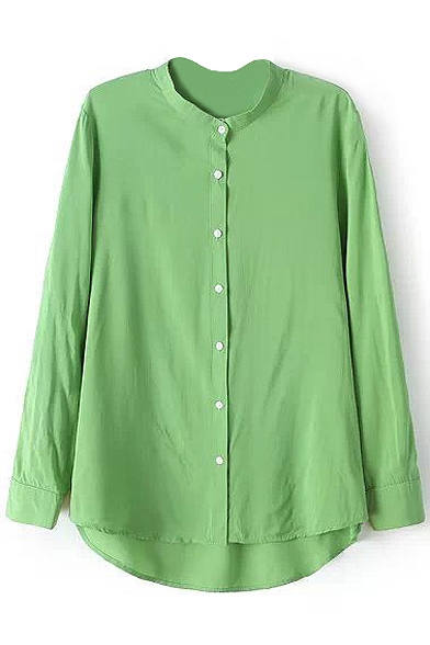 Green Long Sleeve Stand Collar Cotton Shirt