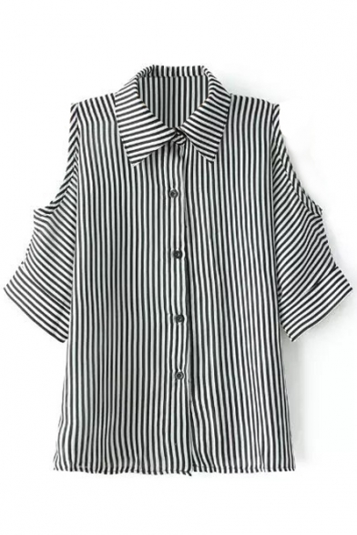 Mono Stripe 1/2 Cutout Sleeve Slim Shirt