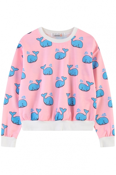 Pink Whale Print Loose Round Neck Long Sleeve Sweatshirt