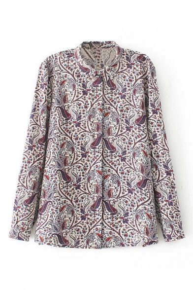 Vintage Floral Long Sleeve Point Collar Shirt