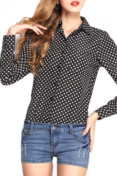 Lapel Long Sleece Polka Dot Print Chiffon Shirt