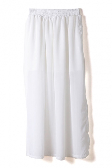 White Elastic Waist Chiffon Split Hem Maxi Skirt