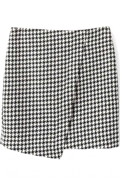 White Houndstooth Mini Skirt with Asymmetrical Hem