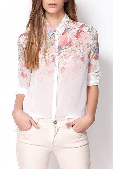 White Long Sleeve Pink Ink Color Flora Chiffon Shirt