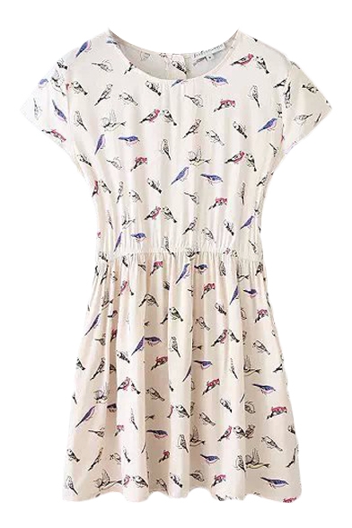 All Over Tiny Colorful Birds Print Short Sleeve White A-line Dress
