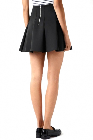 Black Back Zip High Waist Pleated Skirt - Beautifulhalo.com