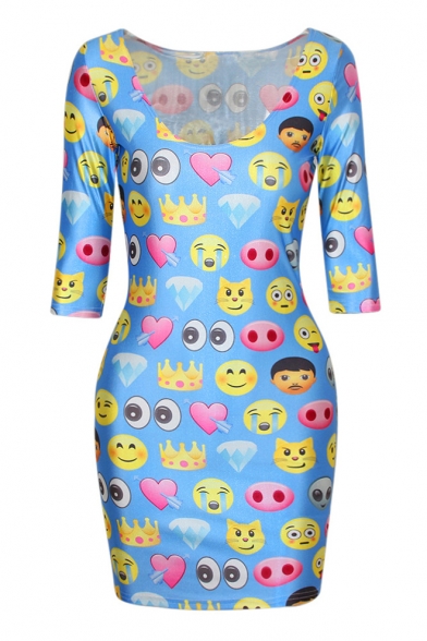 Blue Sexy Emoji Print Half Sleeve Bodycon Dress