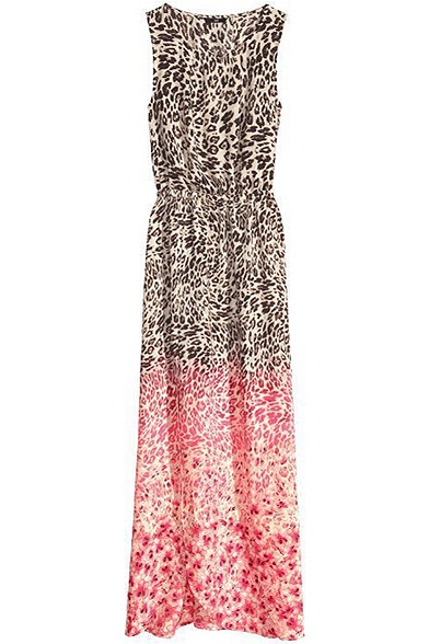 Brown&Pink Leopard Panel Sleeveless Maxi Dress