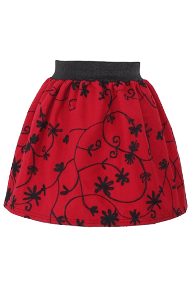 Burning Red Wool Print Elastic Waist Mini Skirt