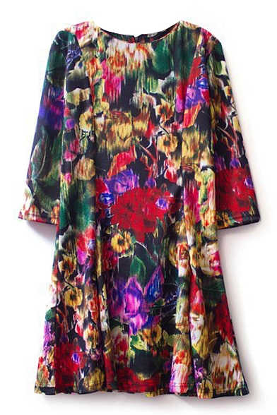 Colorful Floral Tie-Dye 3/4 Sleeve Dress