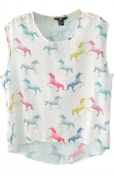 Colorful Horse Print Round Neck Chiffon Top