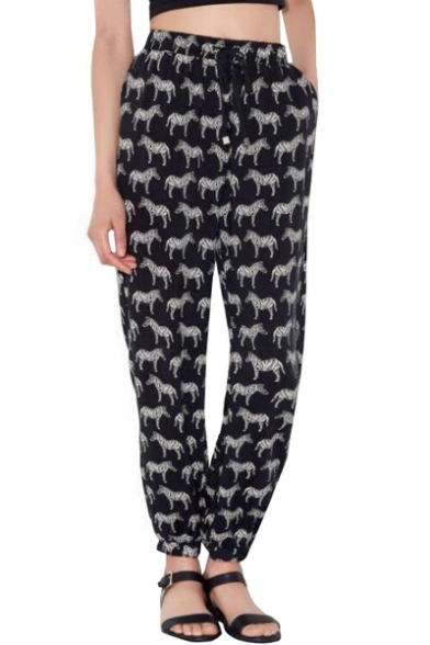 Fashionable Zebra Print Elastic Harem Pants