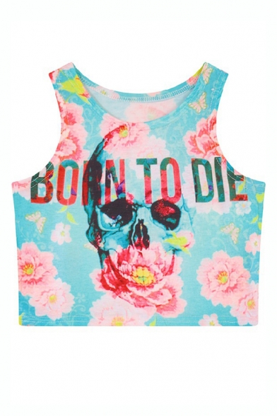Floral and Skull Print Fitted Round Neck Crop Tanks
