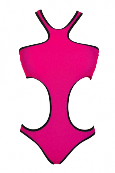 Fuchsia Round Neck Color Block Trim One Piece Bikini Set