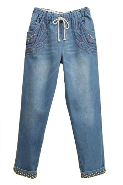 Light Blue Feather Embroidered Elastic Waist Jeans
