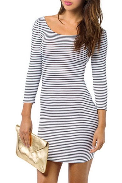 Mono Stripe Scoop 3/4 Sleeve Cutout Dress