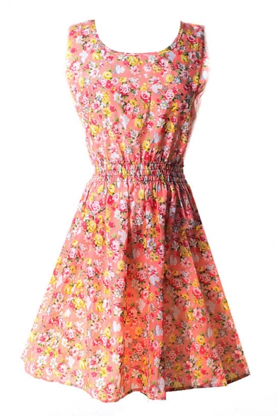 Orange Sleeveless Blossom Flora Print Dress - Beautifulhalo.com