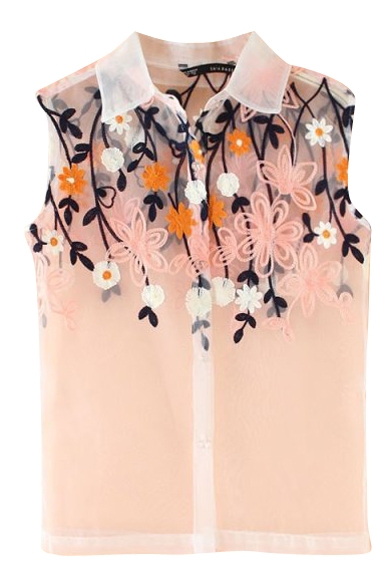 Pink Embroidered Floral Sheer Sleeveless Organza Top