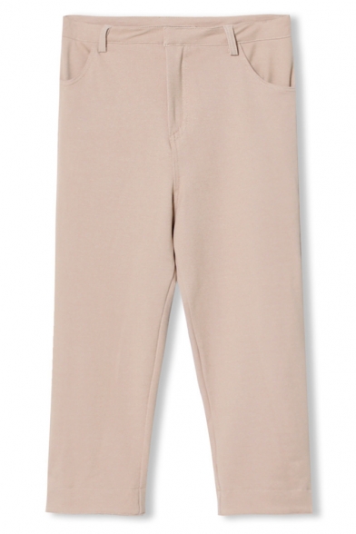 Plain Elastic Fitted Cotton Straight Crop Pants