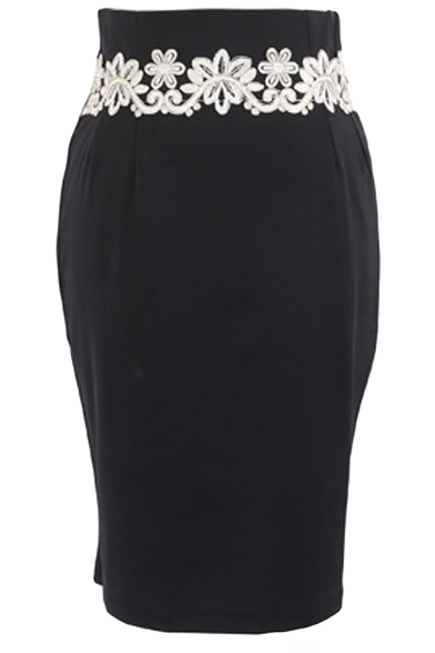 Plain Lace Waist Midi Pencil Skirt with Zip Fly
