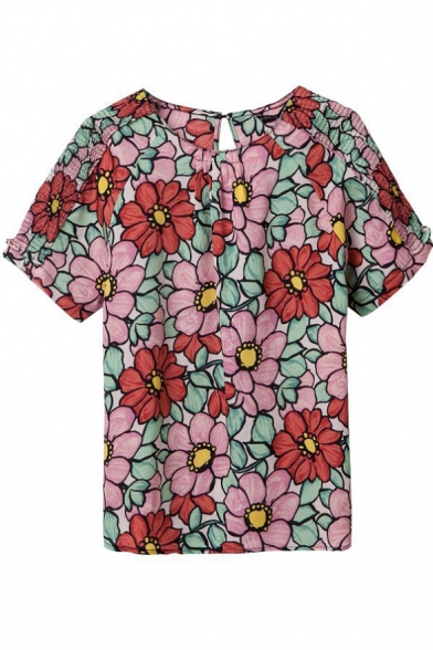 Red Floral Print Round Neck Short Sleeve Blouse