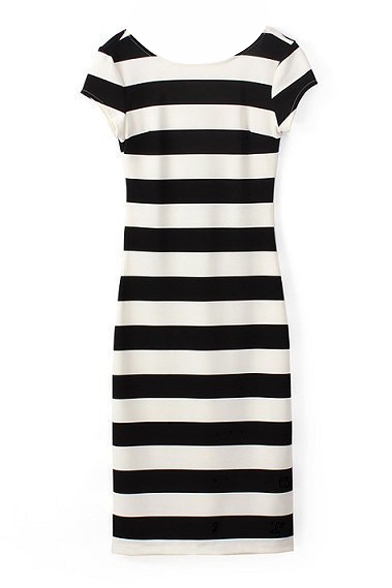 Short Sleeve Mono Stripes U-Back Slim Longline Dress