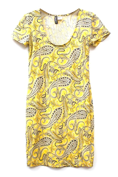 Yellow Tribal Pattern Print Short Sleeve Dress