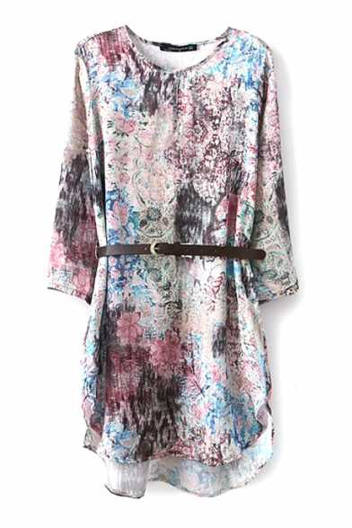 3/4 Sleeve Rural Style Flower Print Loose Dress with Belt