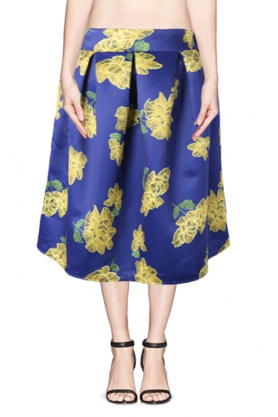 Big Yellow Floral Print Elastic Waist Pleated Skirt