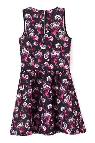 Black Background Pink Rose Print A-line Dress - Beautifulhalo.com