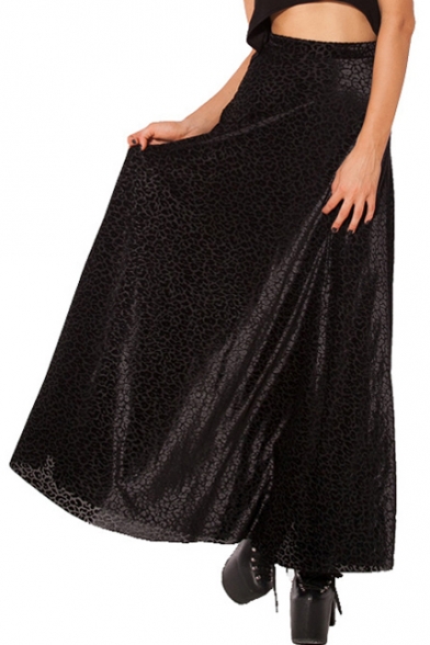 Black Leopard Pattern Velvet Maxi Skirt