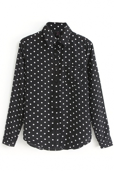 Black Long Sleeve White Dot Chiffon Shirt