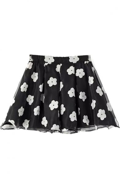Black Tiered White Flora Chiffon A-line Skirt