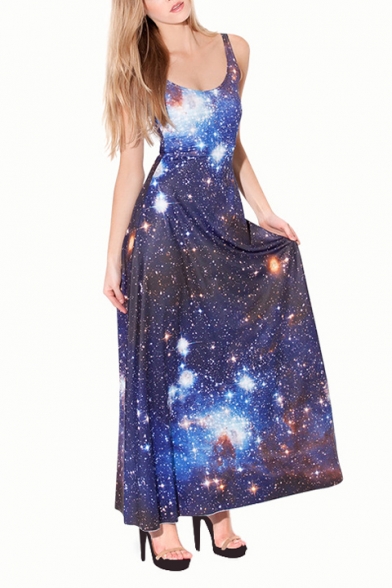Blue Galaxy Print Maxi Sleeveless A-line Dress
