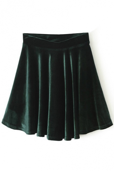 Dark Green Plain Ruffle Hem Velvet Skirt