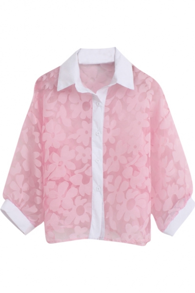 Floral Pattern Organza Lapel Long Sleeve Loose Shirt