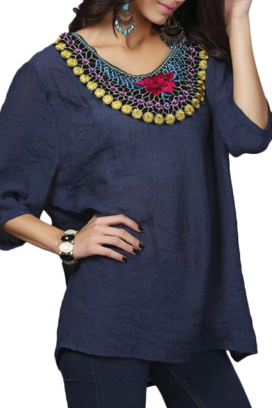 Flower&Geometry Embroidered Neckline Detail 1/2 Sleeve Blouse