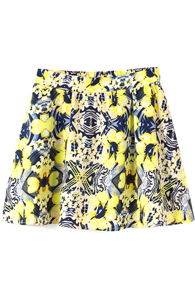 Fresh Floral Print Elastic Pleated Mini Skirt