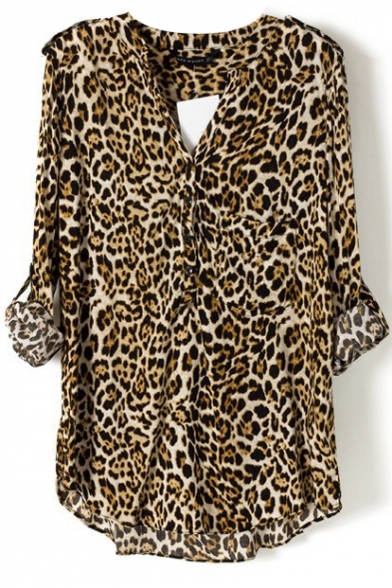 Leopard Print V-Neck Long Sleeve Blouse