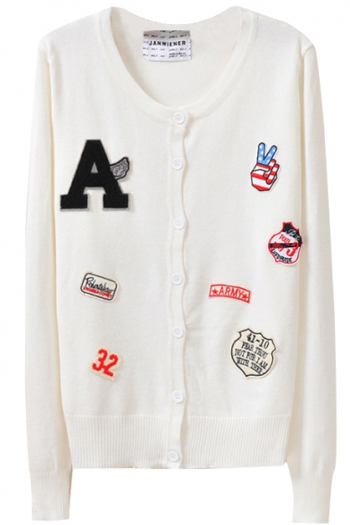 Letter Embroidered Round Neck Single Breast Long Sleeve Cardigan