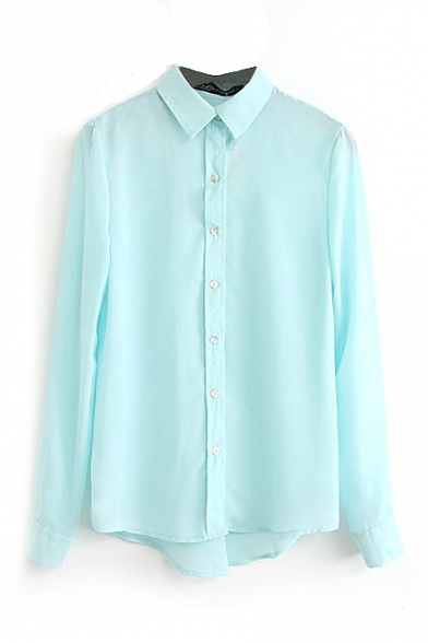 Light Blue Loose Long Sleeve Point Collar Shirt