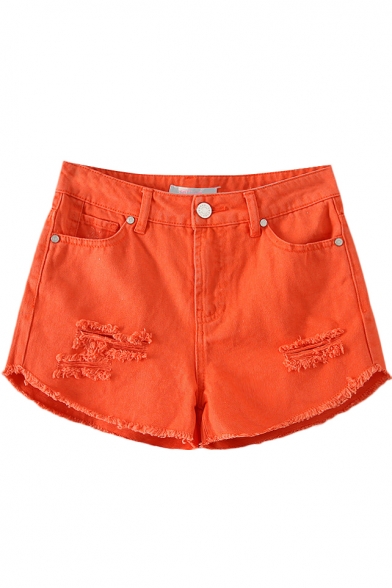 Orange Distressed Plain Loose Shorts