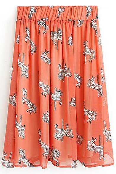 Orange Horse Print Elastic Waist Chiffon Skirt